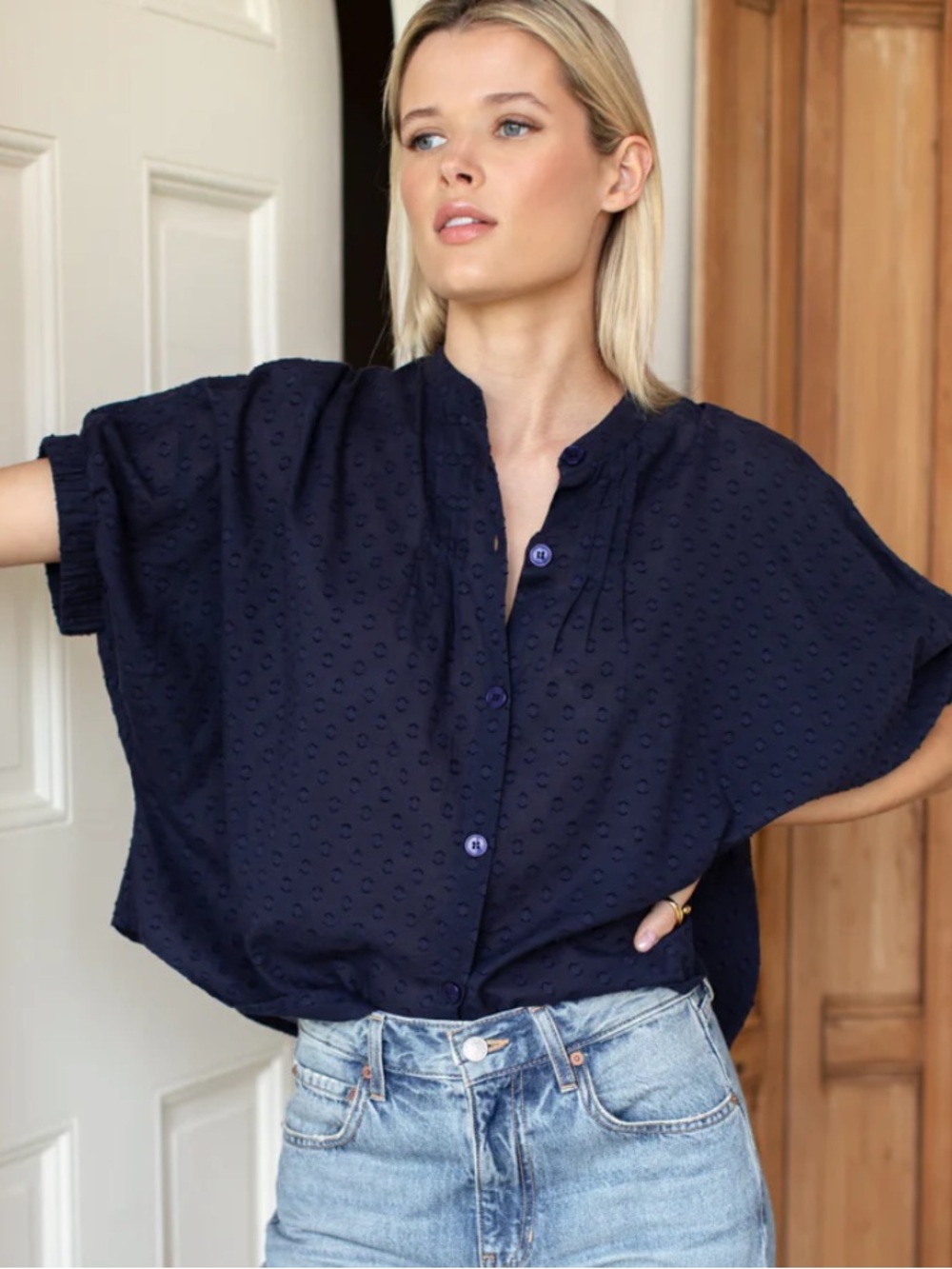 Emerson Fry MANDARIN COLLAR TOP - MARITIME SWISS DOT ORGANIC